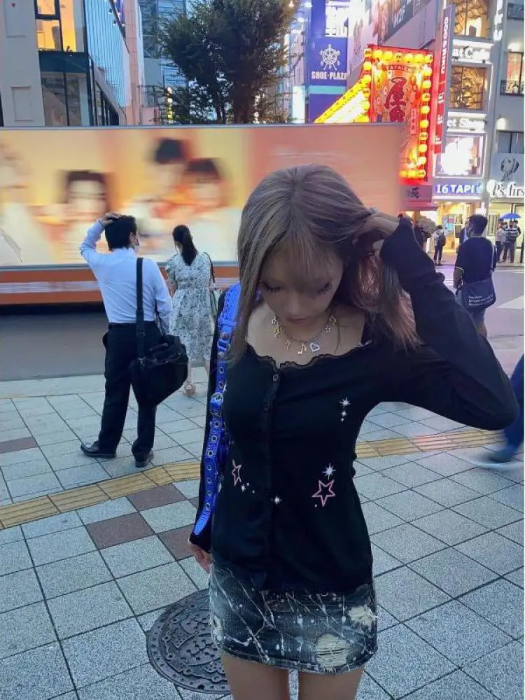 Seeslim 핫스위트 레이스 패치워크 프린트 스타 티셔츠, 긴 소매 슬림 하라주쿠 Y2k 가디건 티셔츠, 여성 의류, 90 년대