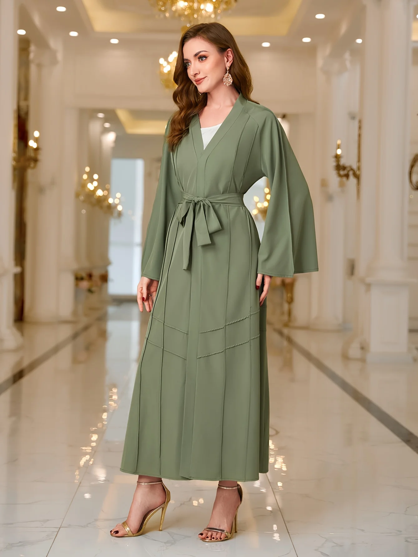 Ramadan Solid V-neck Belted Kaftan Abayas, Elegant Flare Sleeve Maxi Length Dress, Women's Clothing