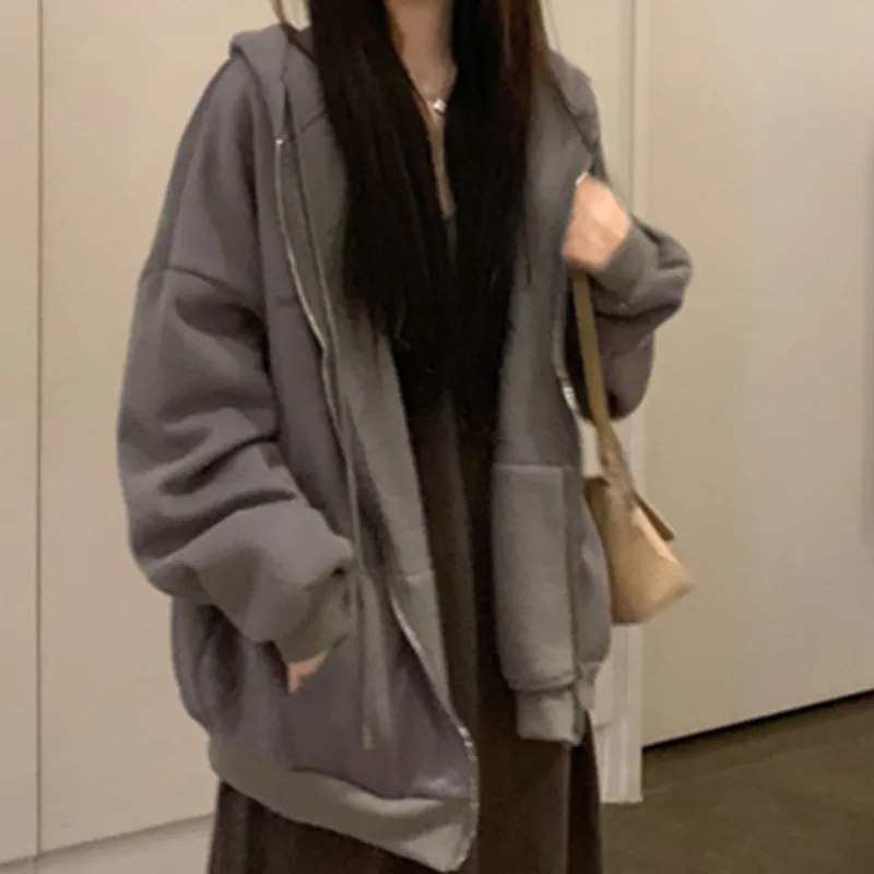 

Women Solid Color Zipper Hoodies Harajuku Drawstring Long Sleeve Hooded Sweatshirts Korean Casual Pocket Jacket Streetwear