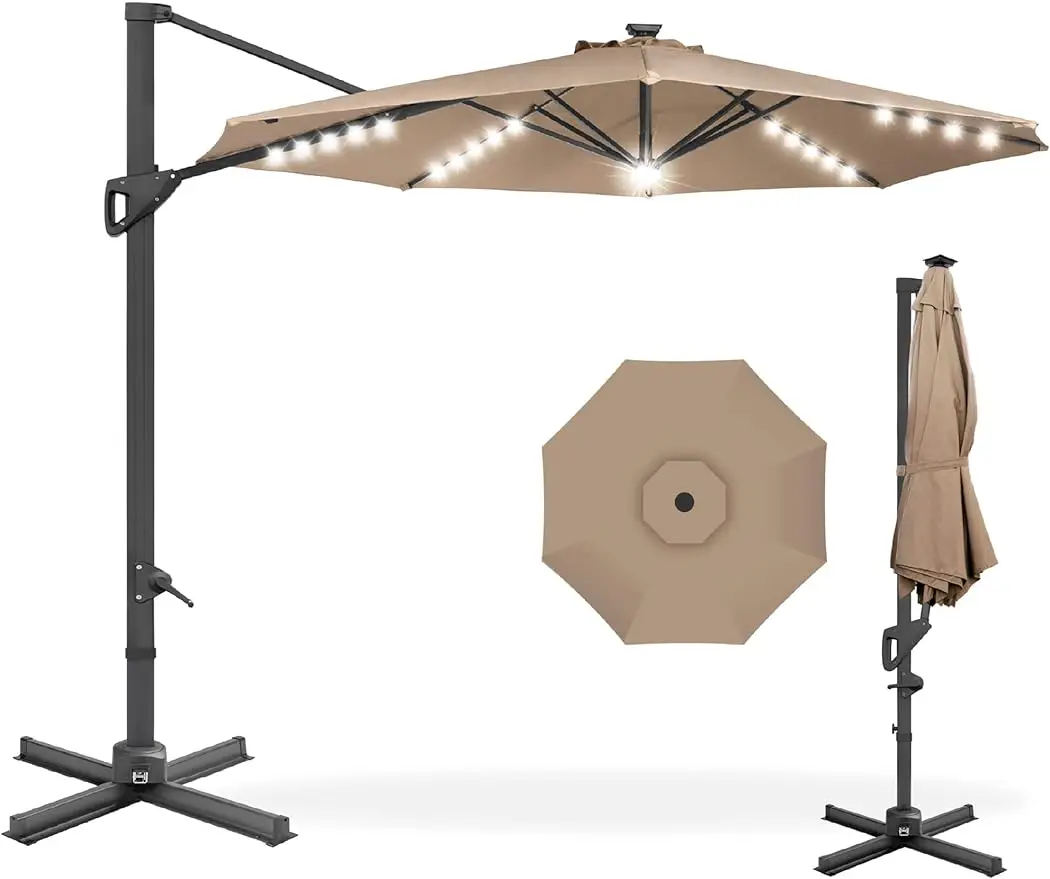 10ft Solar LED Cantilever Patio Umbrella, 360-Degree Rotation Hanging Offset Market Outdoor Sun Shade w/Lights,Cross Base - Tan