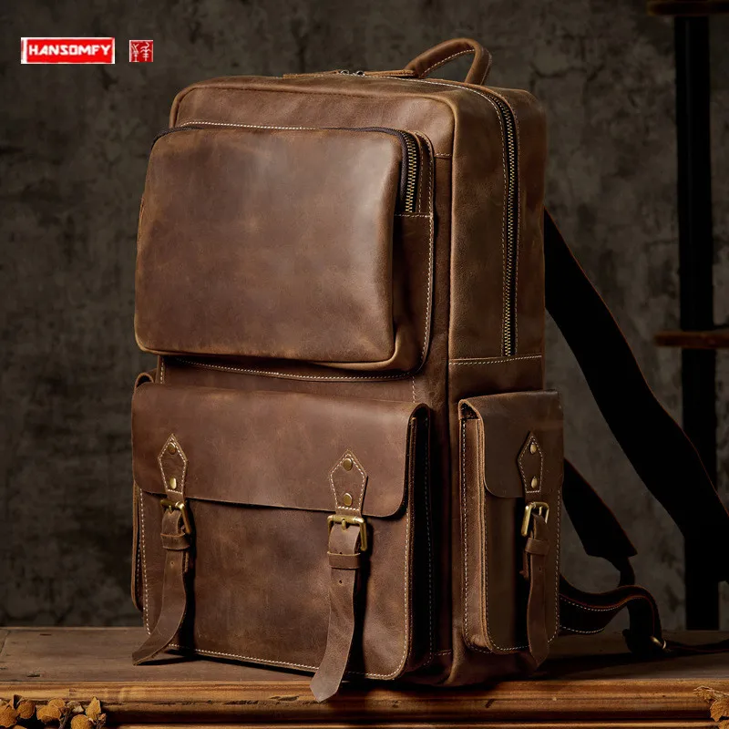 

First Layer Leather Backpackage Men's Backpacks Vintage Leather Travel Backpack Large Capacity Crazy Horse Leather Computer Bags