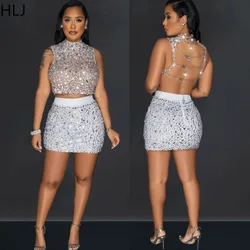 HLJ Fashion Luxury Rhinestones Backless Hollow Two Piece Sets Women Round Neck Sleeveless Crop Top And Skirts Party Club Outfits