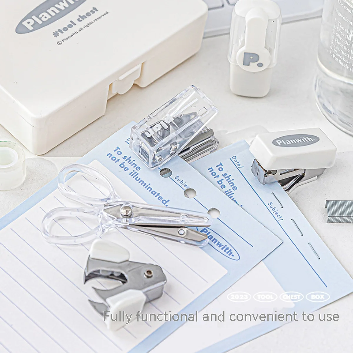Paper Cutter Staples Office Supplies Kawaii Stationery Set Stapler Scissors Tape Marking Pen Punching Machine Nail Remover School Office Efficiency Set 8Pcs Box