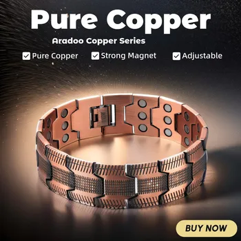 ARADOO - pulsera de terapia magnética de cobre puro para hombre, de cobre rojo Brazalete de eslabones, 3500 Gauss 3X Strongth