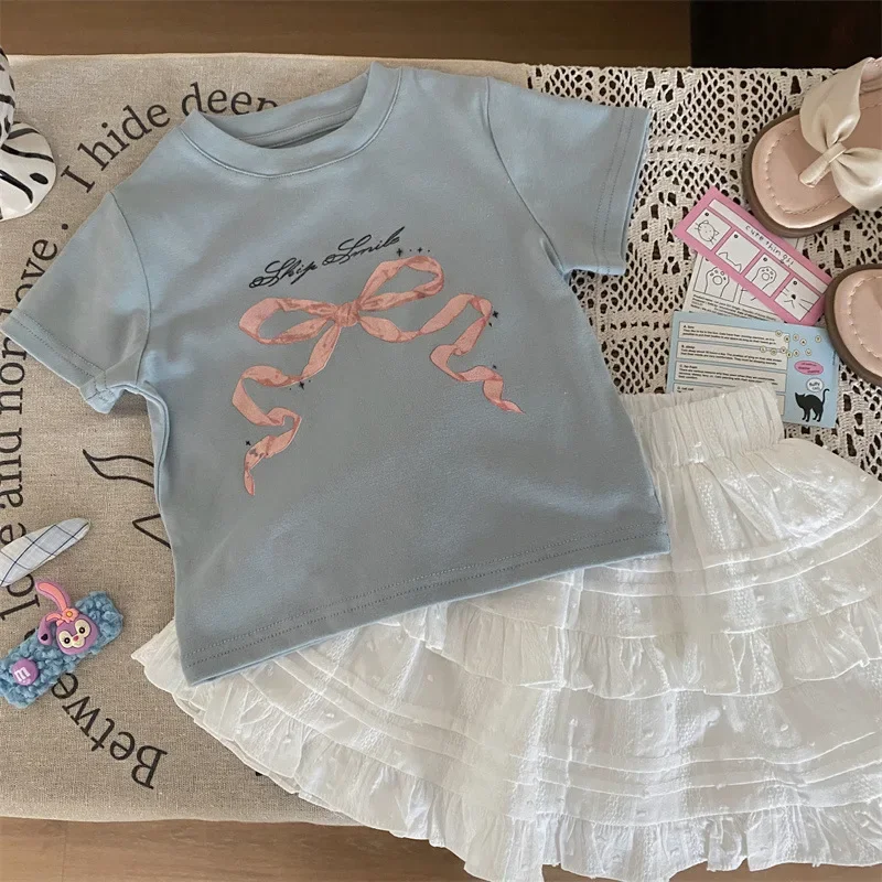 

Childrens Clothing 2024 New Summer Korean Style Girl Print Bow Short Sleeve T-shirt Lace Skirt Set kids clothes