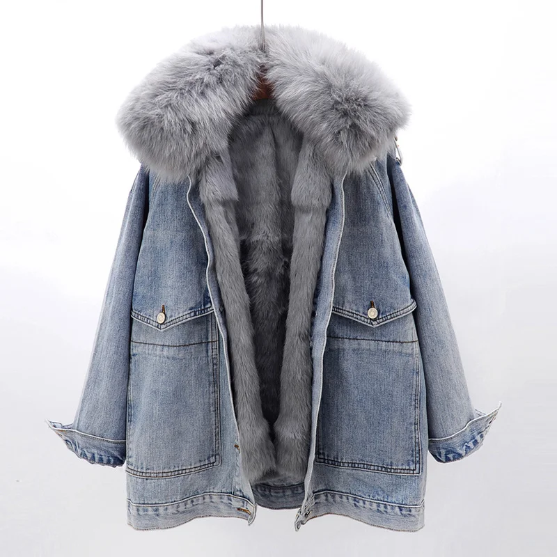 

Winter Fox Fur Collar Removable Rex Rabbit Fur Liner Denim Jacket Coat Women Outerwear Long Sleeve Parker Jeans Jackets Female