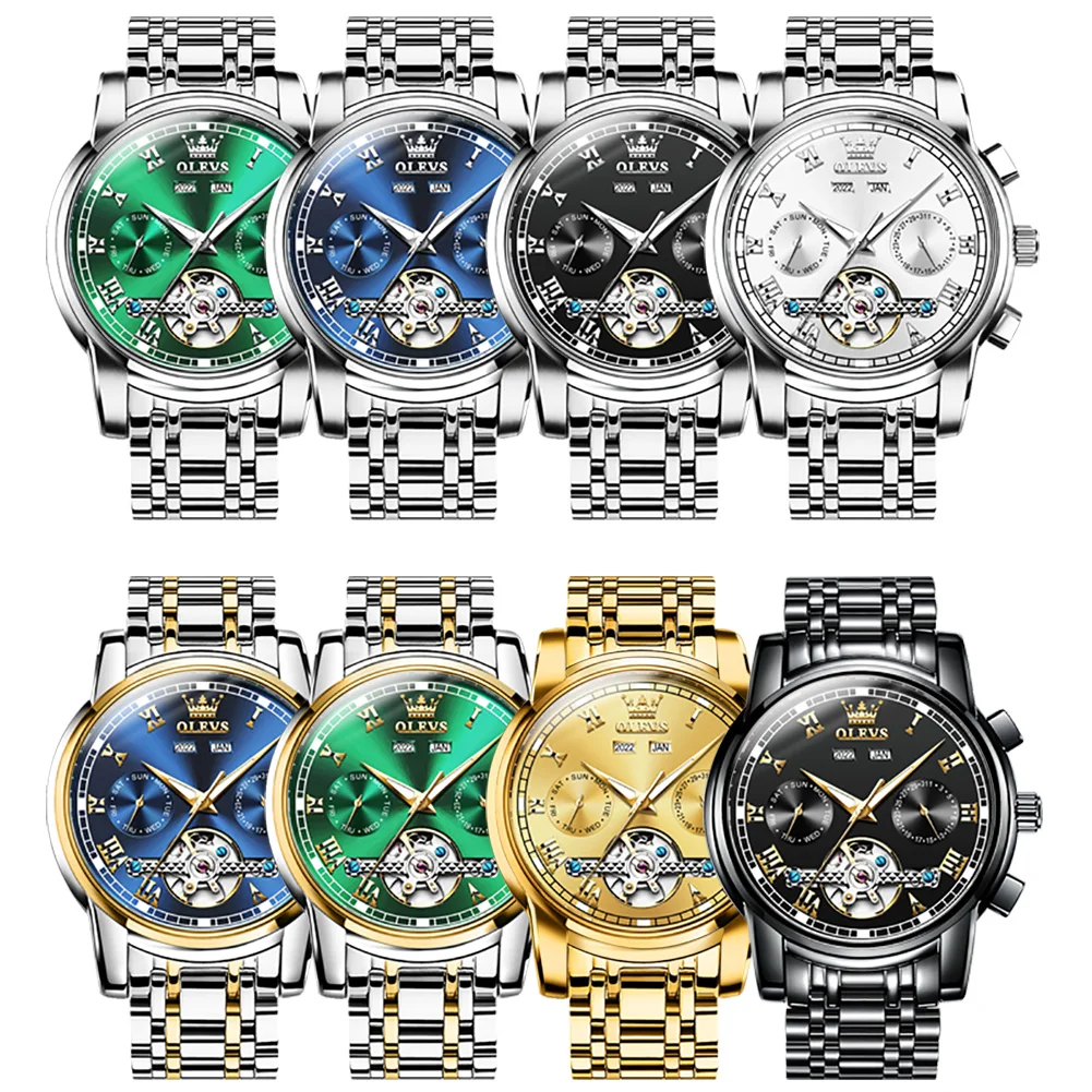 OLEVS 6607 Automatic Mechanical Watch for Men Stainless Steel Strap Waterproof Date Calendar Skeleton Wristwatch Classic