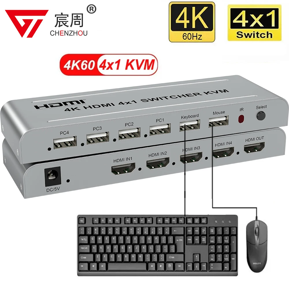 4K 60 Гц 4x1 HDMI KVM переключатель 4 в 1 аудио видео преобразователь USB клавиатура мышь управление 4 ноутбук ПК, компьютер к телевизору проектор