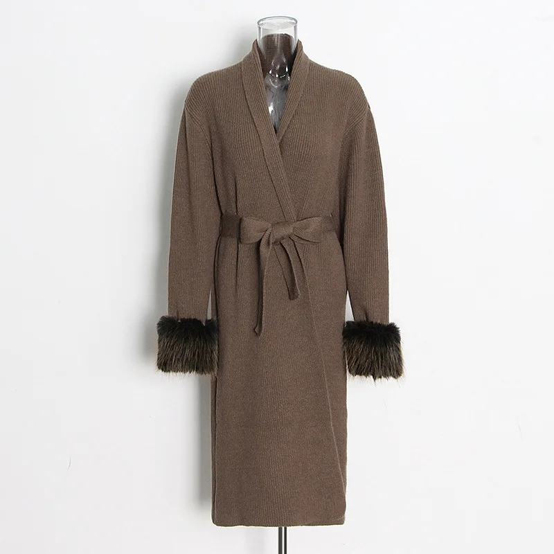 

Autumn and Winter Thick Cashmere Knit Sweater Coat Solid Color Fight Woolen Cuffs Long Waist Belt Elegant Temperament Sweater