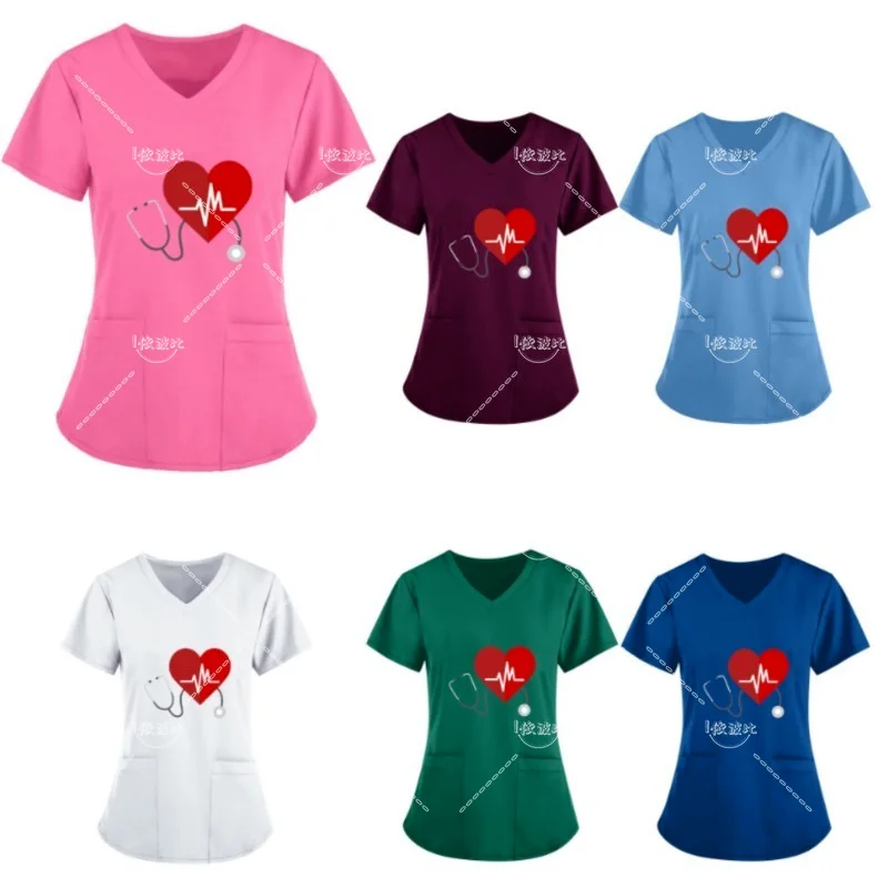 

Heart Printed Nurse Scrub Tops Solid Short Sleeve V Neck Nursing Uniform hospital Pet Grooming Workwear Medical Tee Shirt Blouse