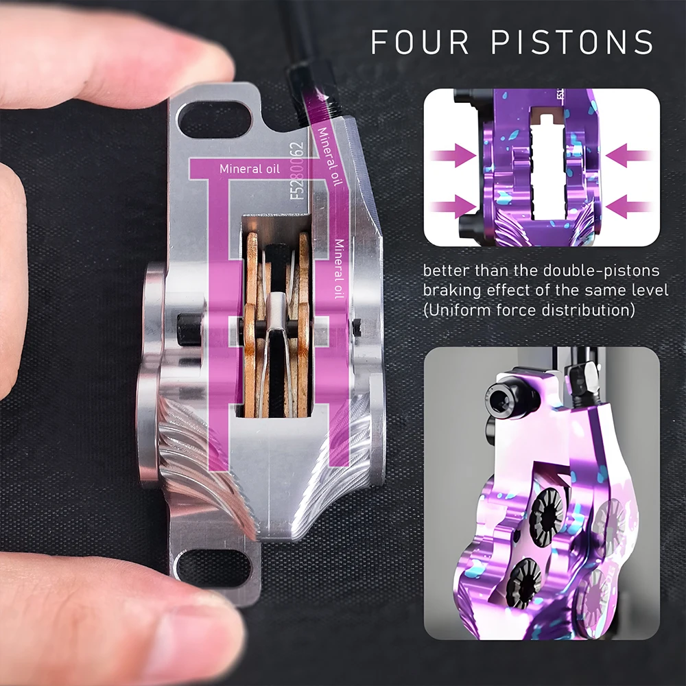 Kit freno a disco idraulico per mountain bike FV4-L Frog Wake con rotori da 180 mm Pinze a pressione olio a 4 pistoni in alluminio Leva radiale - immagine 3