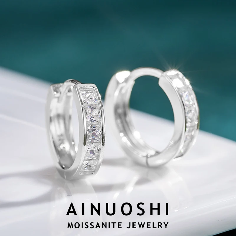 

AINUOSHI 925 Sterling Silver Hoops Earring Bling Princess Cut Moissanite Earrings For Women Korean INS Wedding Jewelry Gift