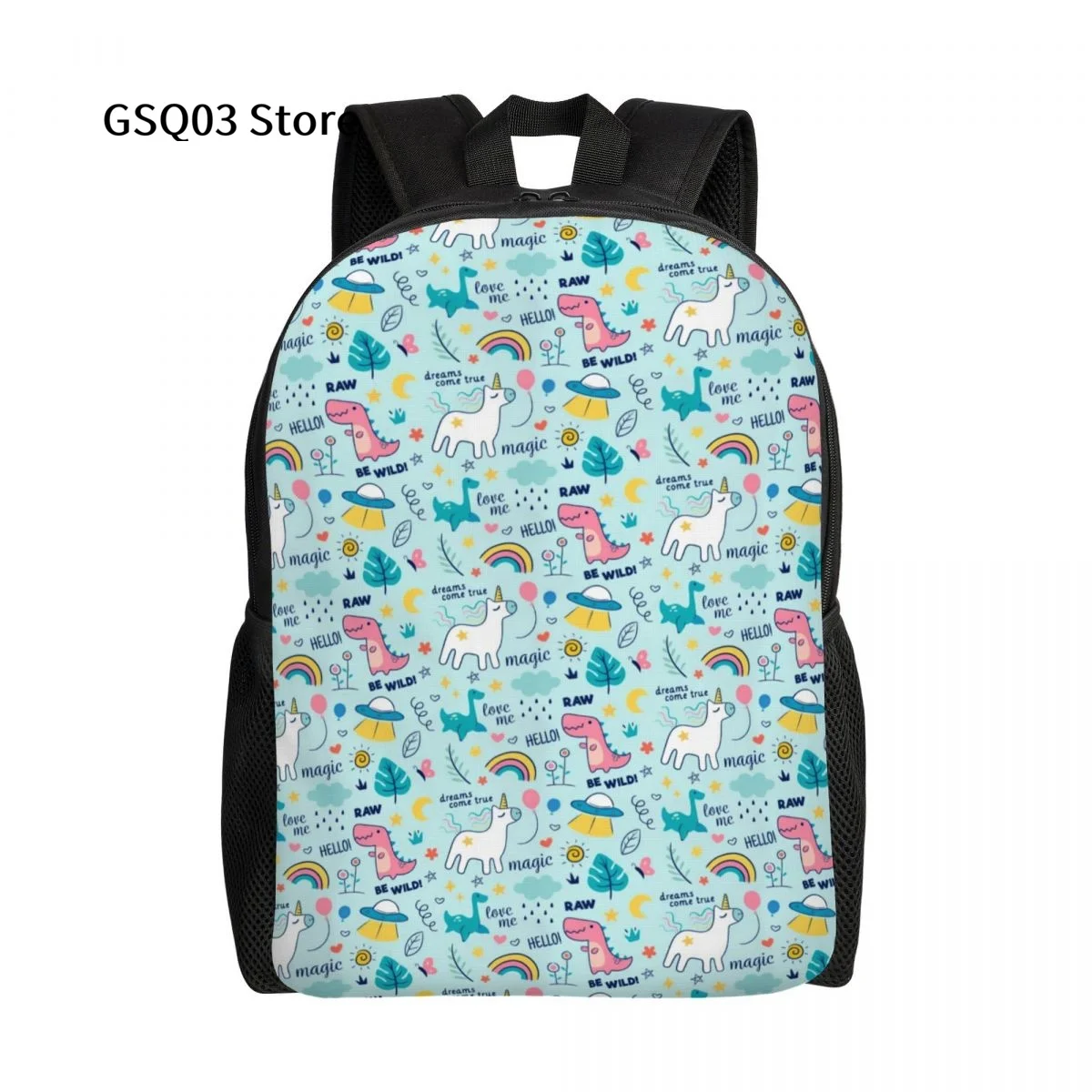 

Unicorn And Dinosaur Backpack Girl Boy Adult 15 Inch Double Strap Shoulder School Bookbag Water Resistant Fits Laptop