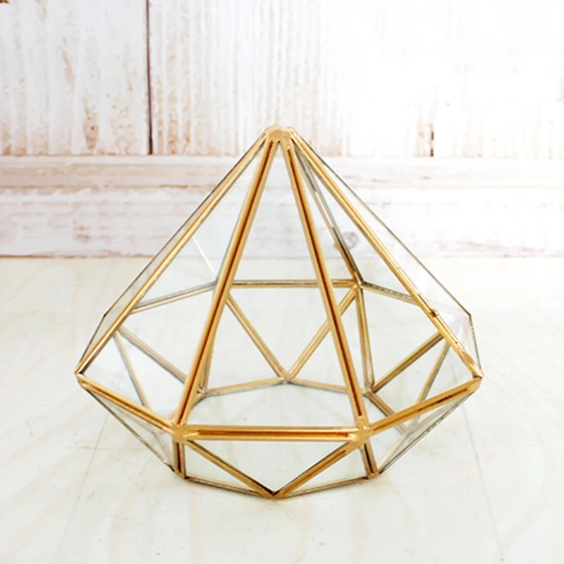 Handmade Gold Open Glass Geometric Terrarium Brass Diamond Succulent Fern Moss Plant Display Container Balcony Small