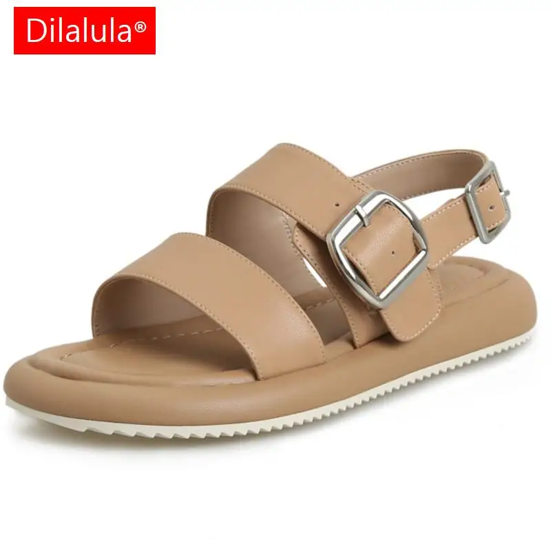 

Flats Platforms Women Sandals Brand Fashion Metal Buckle Concise Genuine Leather Shoes Woman 2023 Summer Working Casual