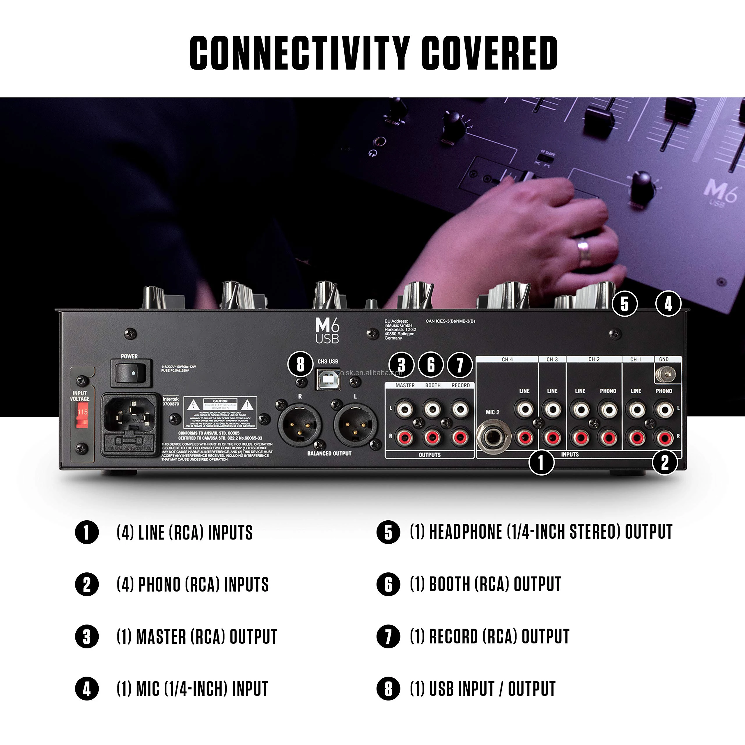 CLMX-M6USB 4 채널 전문 오디오 디스코 음악 DJ 믹서, USB BT XLR RCA 입력, 턴테이블 CD 포노 PC용