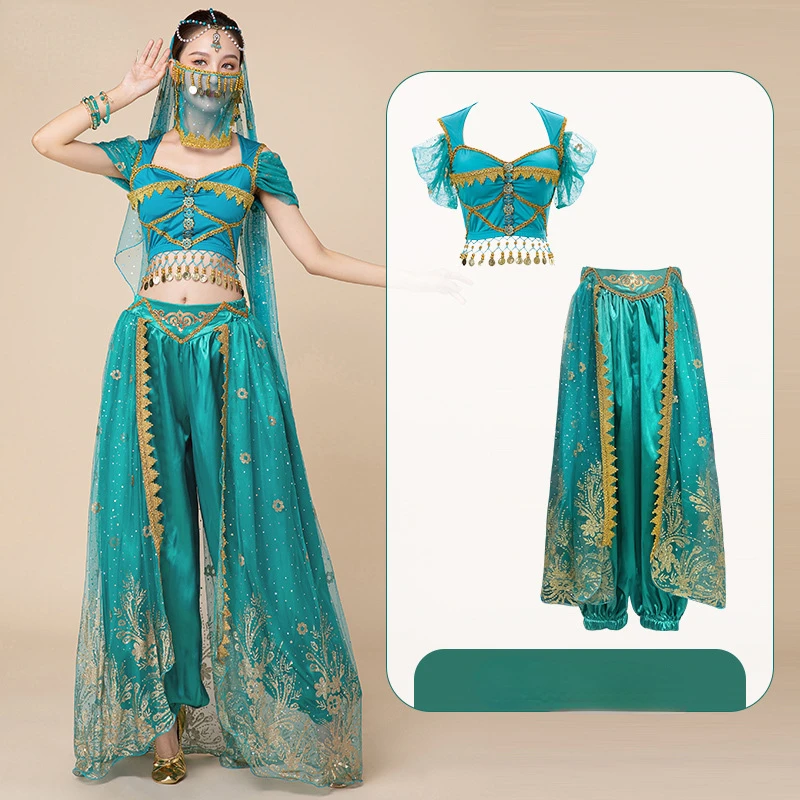 Women Dance Costume Halloween Costume Aladdin Jasmine Princess Belly Dance Practice Costume Han and Tang Chinese Style Performance Suit for Women