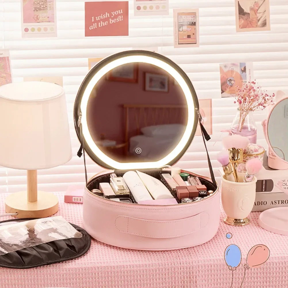 

Circular Cosmetic Storage Box Vanity Mirror With Light Portable Large Capacity Cosmetic Bag Ladies Wash Bag