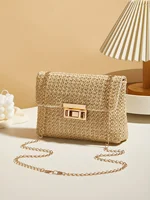 Woven Straw Handwoven Women’s Shoulder Bag, Fashion Solid Color Crossbody Purse with Lock Closure