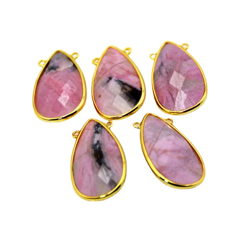 Natural Rhodonite Pendant Teardrop Connector 30x15mm Handmade Gold Bezel Gemstone Charm Red Stone Jewelry | Украшения и