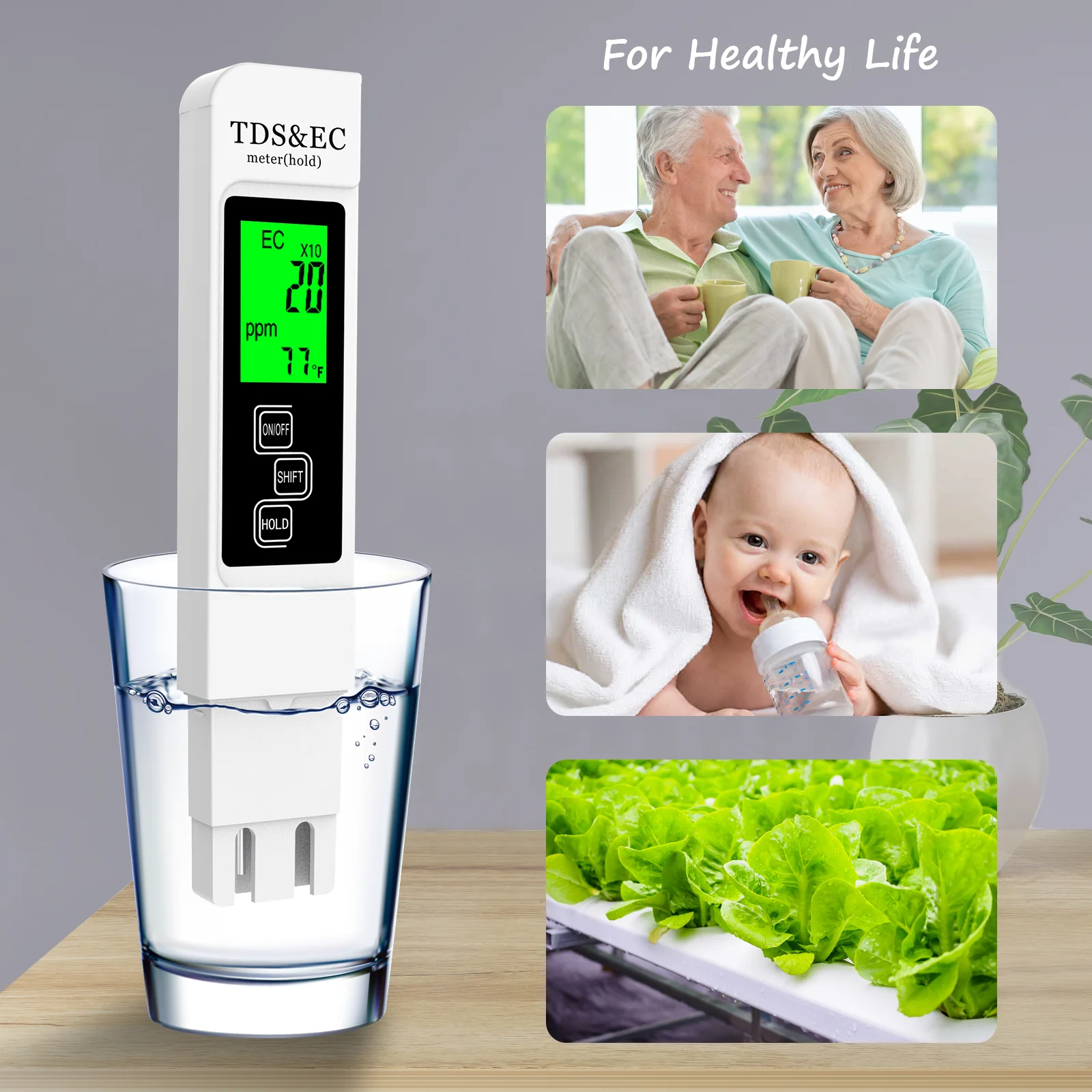 TDS Meter EC Meter Temperature Meter 4 in 1 0-9999ppm for Drinking Water Hydroponics Aquarium