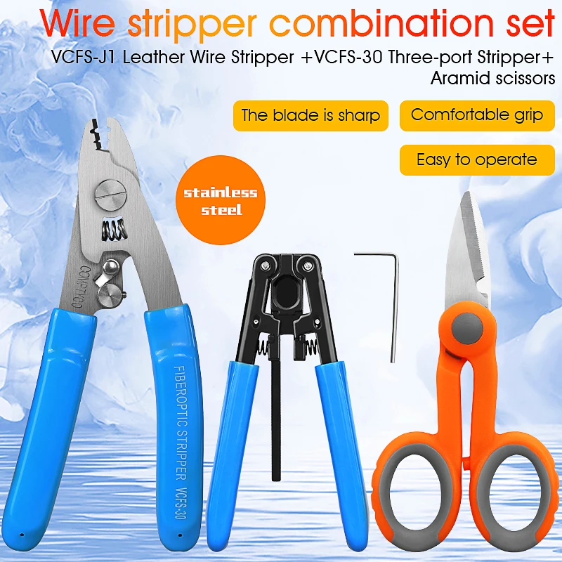 3PCS Fiber Optic Tool Kit VCFS-20/30 Two/Three-Port Stainless steel Fiber Optical Stripper and Aramid Scissors and Wire Stripper