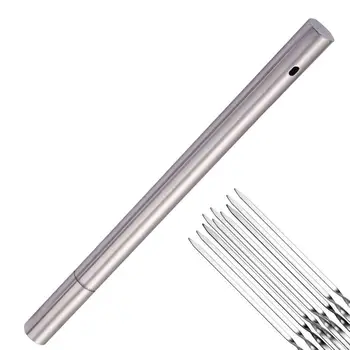 Pincho de Barbacoa Acero Inoxidable Plano con Tubo de Almacenamiento - Set de Pinchos Reutilizables para Parrilla y Camping