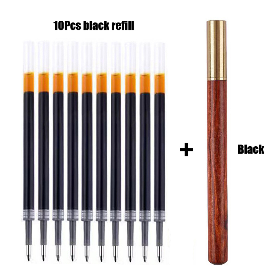 1+10Pcs/Set Vintage Wood Body Ballpoint Pen Brass Ball Roller Pen Metal Cap BallPen Stationery School Business Gifts Supplies