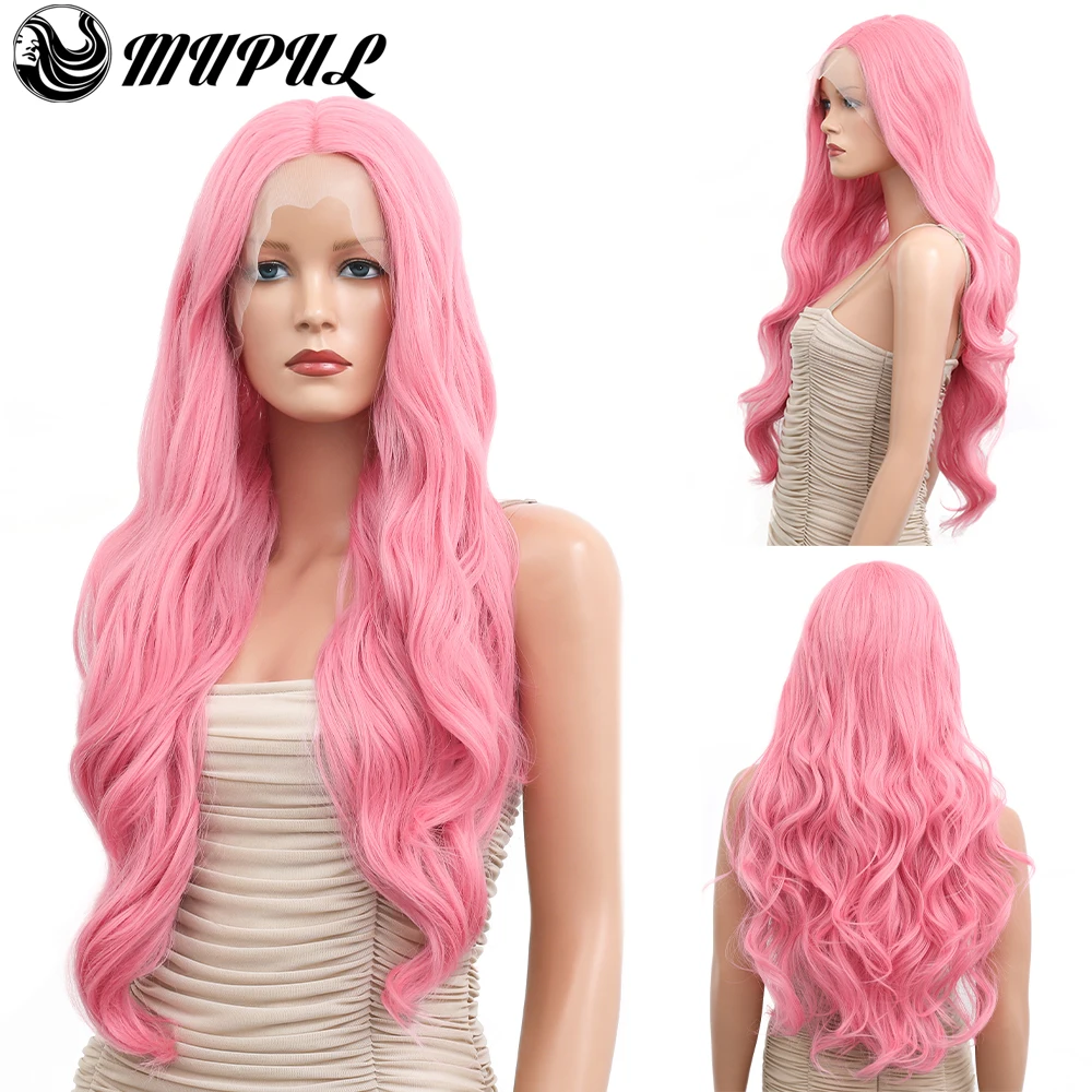 

Pink Deep Body Wave Lace Front Wig Synthetic Wigs For Black Women Lace Frontal Wigs With Baby Hair 26 inch Long Natural Wig