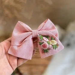 Rose Handmade Embroidery Pink Hair Bow