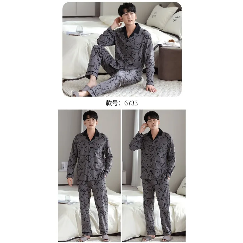 2024 New Pajama Men Spring Autumn Long-sleeved Cotton Sleepwear Loose Plus Size Simple Homewear Suit V-neck Loungewear