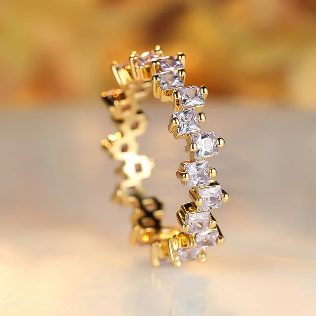 Handmade Eternity Promise Gold Crystal Ring AAA CZ Zirconia Engagement Wedding Band Rings for Women Men Finger Party Jewelry 17