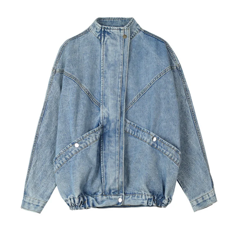 

Women Blue Denim Jacket Mandarin Collar Long Sleeve Solid Loose Oversize Chaqueta Mujer