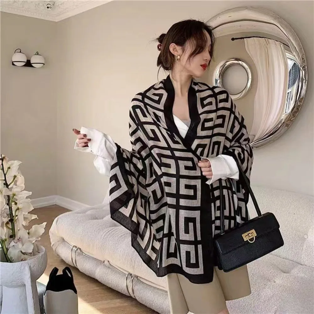 2023 Designer Luxury Brand Korean Printed Cotton and Linen Scarf Spring Summer Autumn Winter Warm Bib Long Scarf Shawl for Women