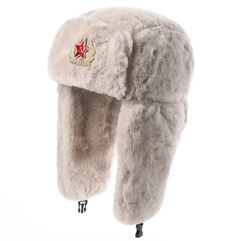 Winter Men Women Soviet Army Military Badge Russia Bomber Hats Pilot Trapper Trooper Hat Faux Fur Earflap Ski Snow Caps Ushanka