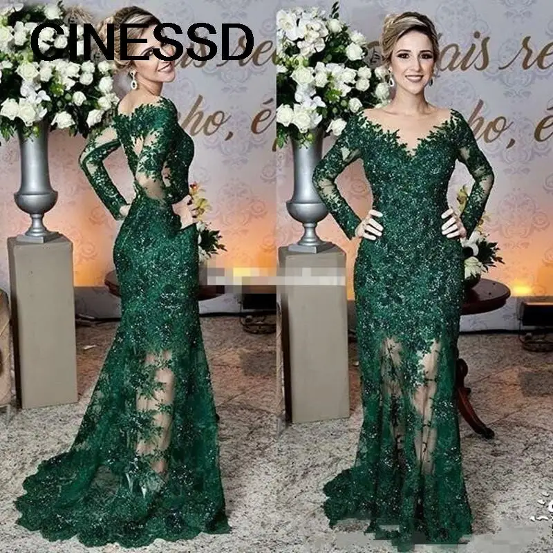 Mother of The Bride Dresses Wedding Dresses Long Sleeve Vintage Dark Green Lace Appliques Mermaid Formal Gowns Customized
