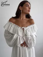 Oymimi Elegant White Ruffled Dresses 2025 Woman Fashion V-Neck Lace-Up Long Sleeve Dresses Casual High Waist Floor-Length Dress - Image 3