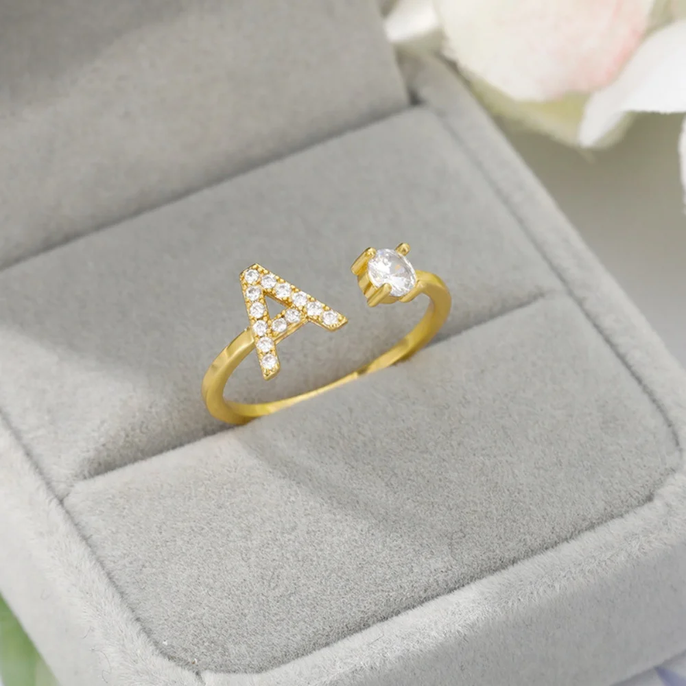 

LeeChee A-Z Letter Ring Stainless Steel Female Personalized Zircon Ring Creative Finger Adjustable Gift For Girl