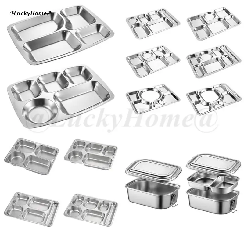 1pc Stainless Steel Divided Dinner Tray Lunch Container Food Plate for School Canteen 3/4/5/6 Section