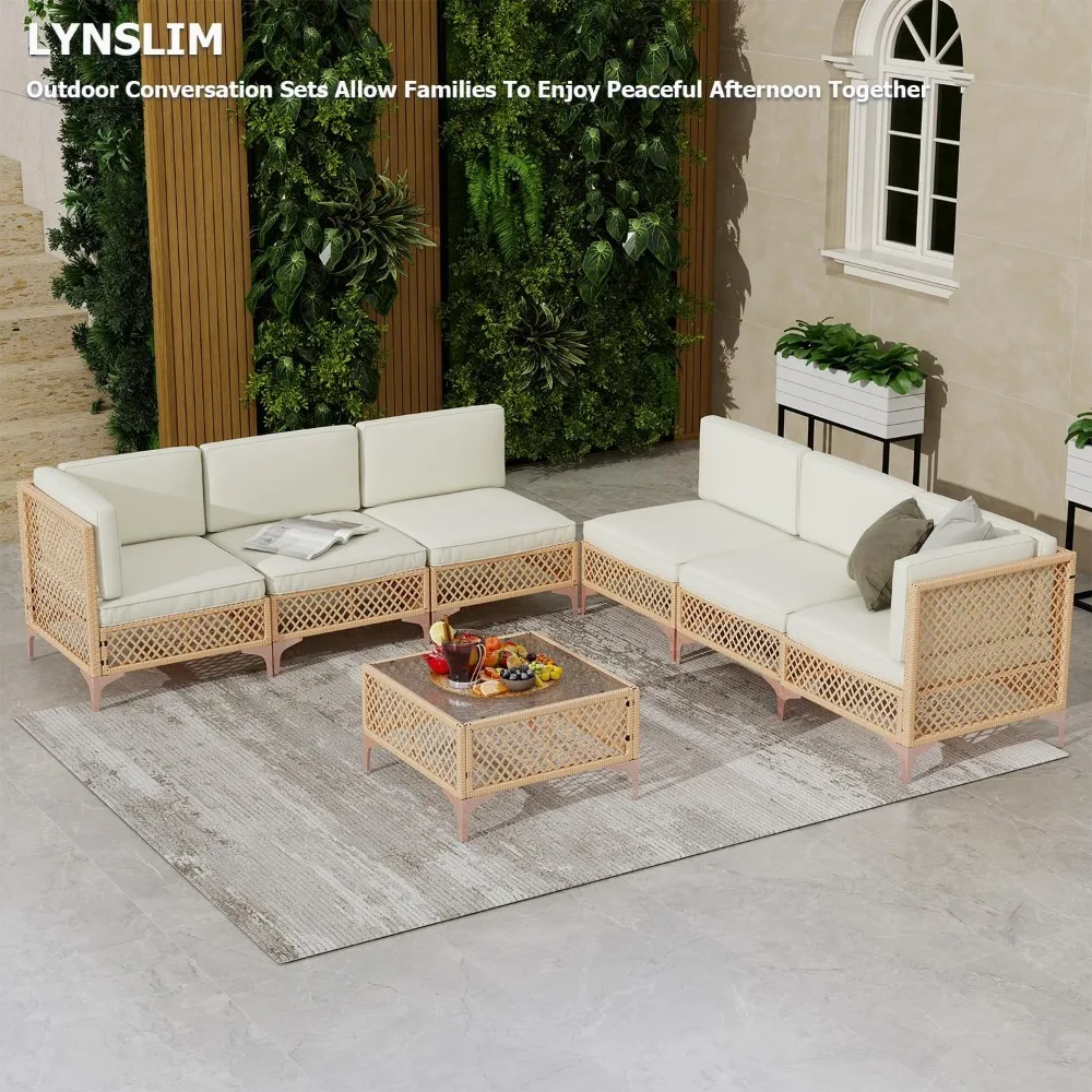 7 Piece Outdoor Patio Furniture Set, Boho Outdoor Patio Sectional Furniture Set, Wicker Outdoor Couch Set with Coffee Glass Tab
