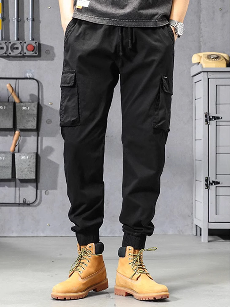 

Workwear pants for men in spring and autumn, thin and loose, oversized with leg ties and multiple pockets