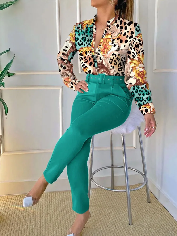 

Spring New Printed Long Sleeved Shirt Suit Women's Slim Retro Stand Collar Pocket Small Foot Trousers Two Piece Set With Belt