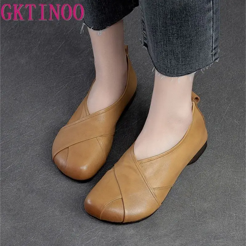 

GKTINOO 2023 New Spring Retro Slip-on Shallow Women Shoes Soft Sole Casual Round Toe Loafers Genuine Leather Flats Shoes