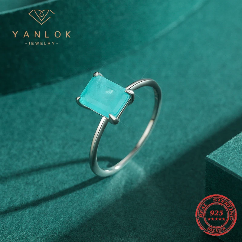 Silver Ring Gemstone Ring YANLOK Luxury Paraiba Tourmaline Ring 925 Sterling Silver Radiant Cut Finger Rings For Women Sterling Silver Fine Jewelry