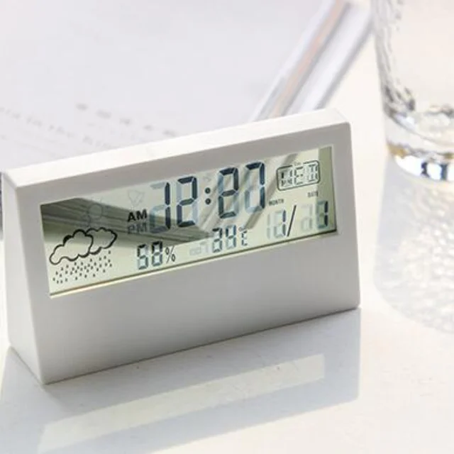 LCD Electric Desk Alarm Clock White with Calendar and Digital Temperature Humidity Modern Home /Office Watch Battery Operated 4