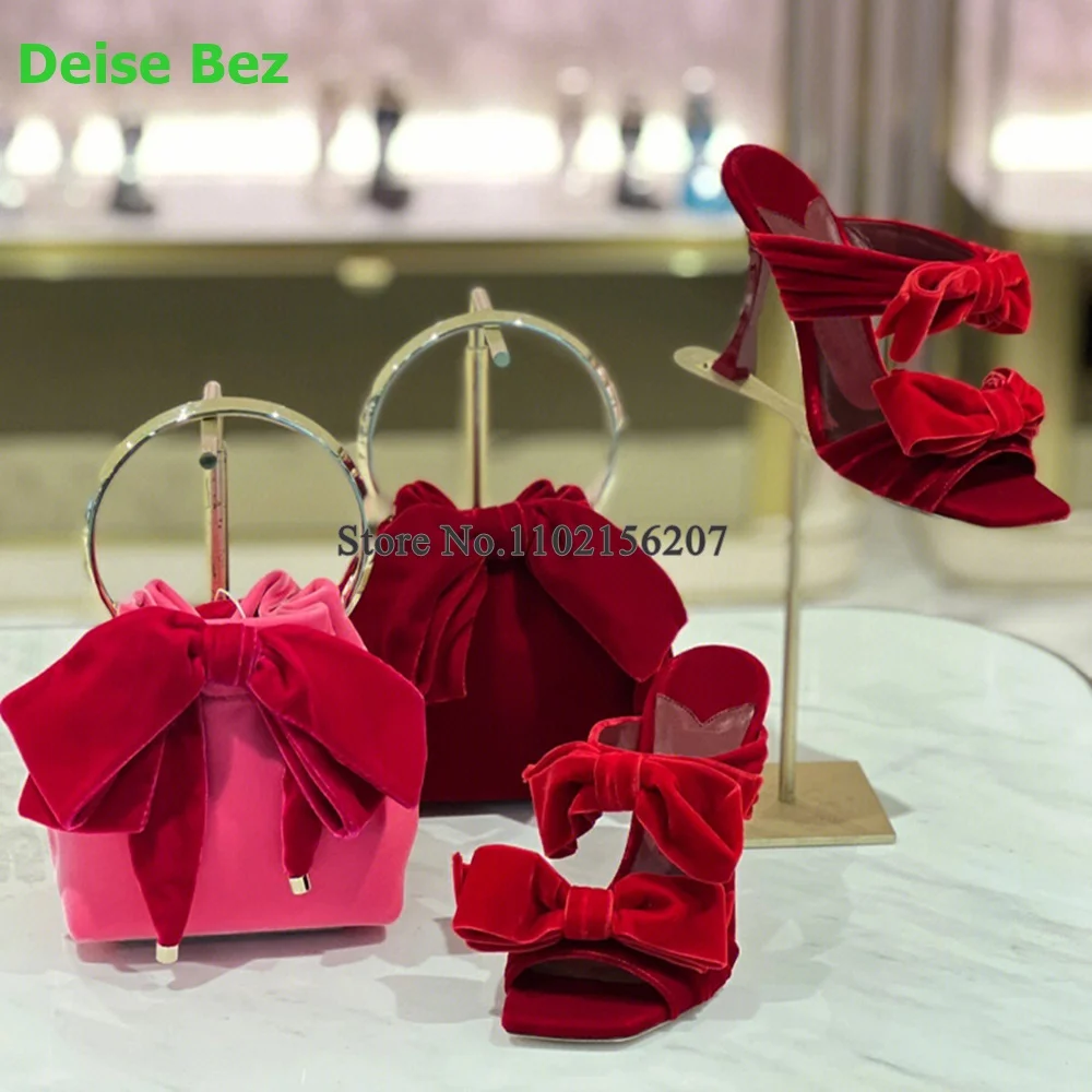 Satin Fabric Butterfly-knot Square Toe Slippers For Female Women 2023 New Thin High Heel Party Elegant Sexy Fashion Dress Shoes