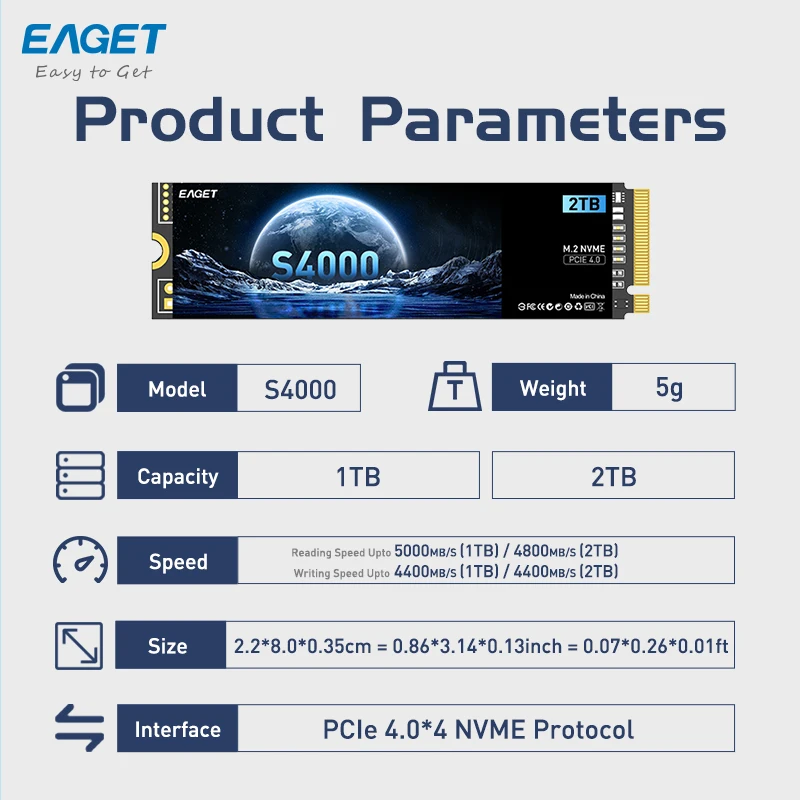 EAGET S4000 SSD NVMe M.2 PCIe 4.0x4 NVMe  SSD, 1TB SSD, 2TB  ָ Ʈ ϵ ũ, M2 2280 ̺, PS5 Ʈ PC