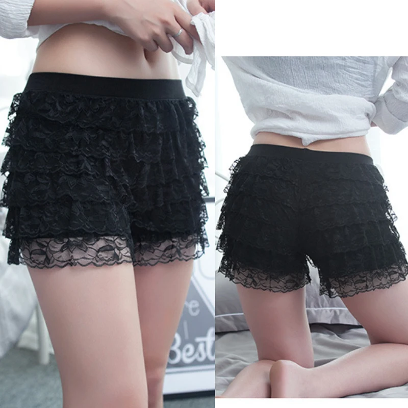 Women Summer Ruffle Lace Safety Short Pants Princess Lolita Elastic Waist Casual Layered Panties Underwear safety shorts safety pants