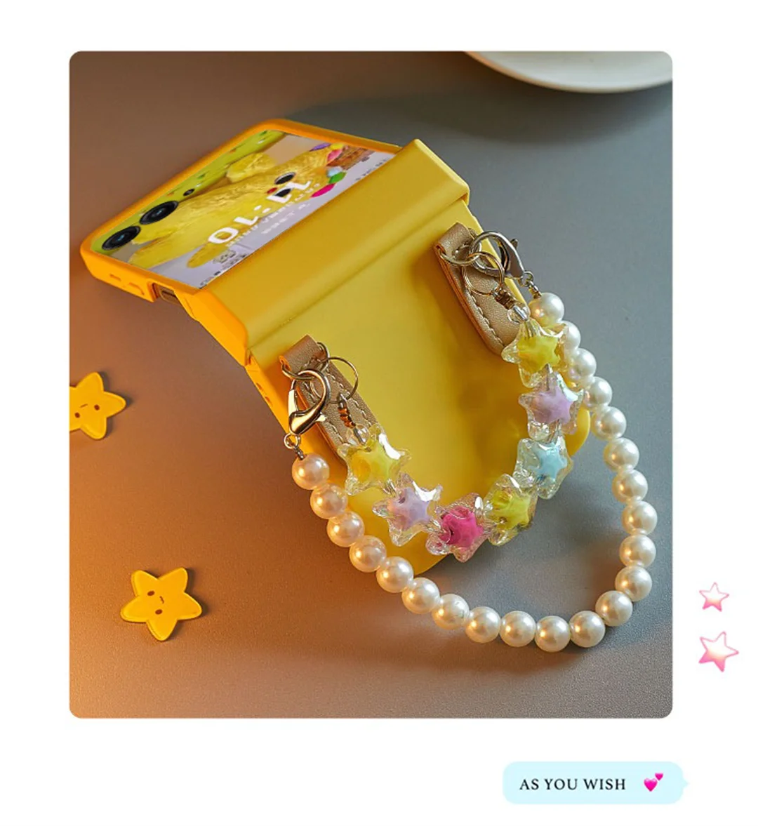 Korean Cute Solid Yellow Star Pearl Bracelet Phone Case Cover