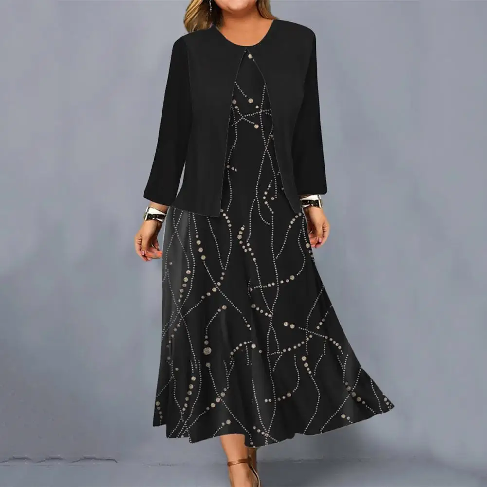 Long Sleeve Top Dress Women's Elegant Two-piece Set Dot Print Long Sleeve Suit Coat with Hem Maxi Dress for Autumn Women